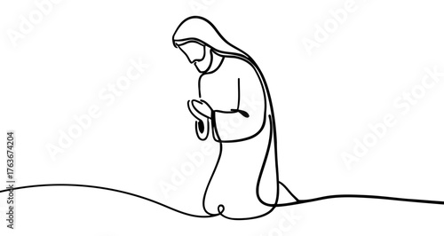 Man kneeling in prayer, drawn with one continuous line. Black outline illustration isolated on white background. Vector illustration.