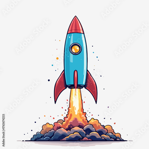 Illustrated blue and red rocket ship taking off with a fiery exhaust and colorful smoke clouds.