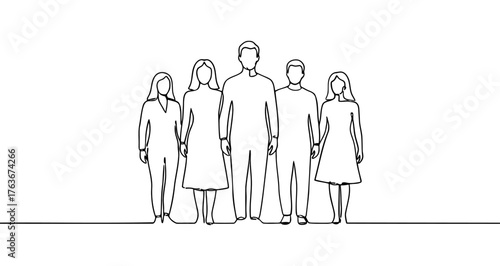 Group of five people drawn with one continuous line. Black outline illustration isolated on white background. Vector illustration.