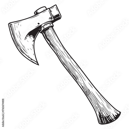 Vintage double-headed axe with rustic wooden handle displayed against a neutral background 
