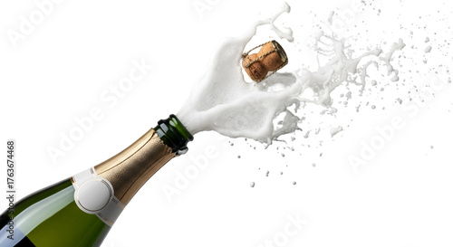 Champagne bottle cork popping with splash of champagne isolated on transparent background, celebrating success, new year, or special occasion