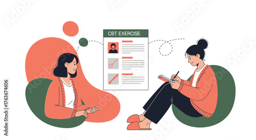 Cognitive Behavioral Therapy Session And Exercise Illustrated By Two Women On White Background