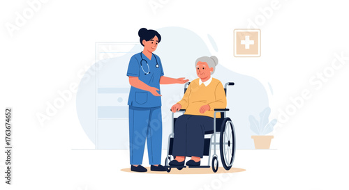 Compassionate Caregiver Comforts Elderly Woman In Wheelchair Offering Support And Help