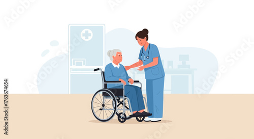 Compassionate Nurse Assists Elderly Woman in Wheelchair with Medical Care and Support