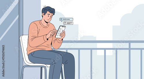 Concerned Man Completes Online Health Questionnaire On His Modern Smart Phone.