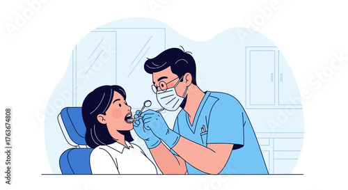 Dentist Performing Dental Checkup Illustration Depicting Oral Healthcare and Professionalism