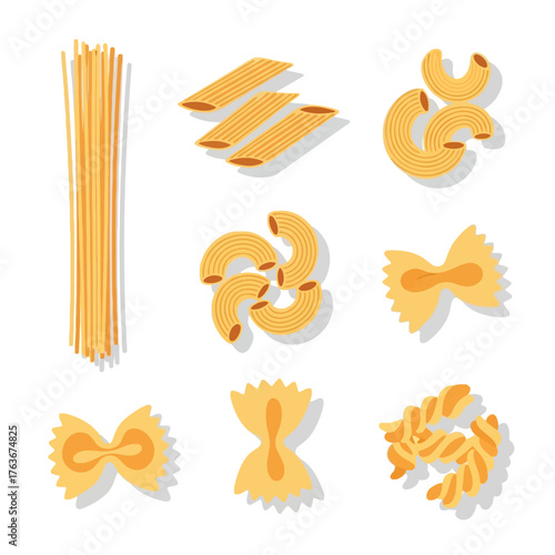 Vector illustration set of various uncooked pasta types including spaghetti, penne, and fusilli.