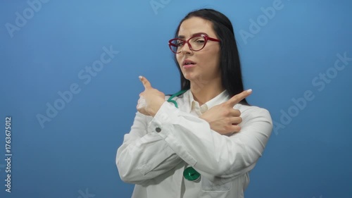Young hispanic woman doctor with stethoscope and red glasses pointing in different directions against a blue wall background, suggesting choice or decision making.