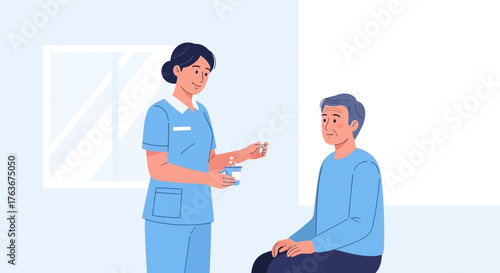 Healthcare Professional Providing Medication to an Older Adult Patient in Medical Setting