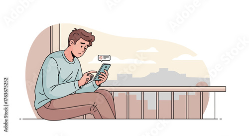 Illustration Of A Man Looking At His Cellphone With A Sad Expression Outside