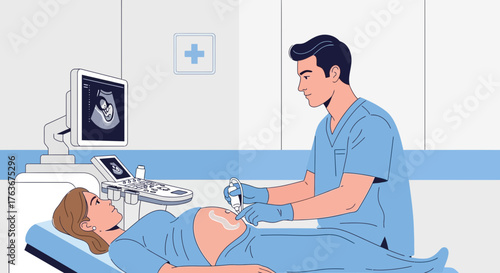 Illustration Of A Pregnant Lady Getting Medical Examination Via Ultrasound Scan Analysis