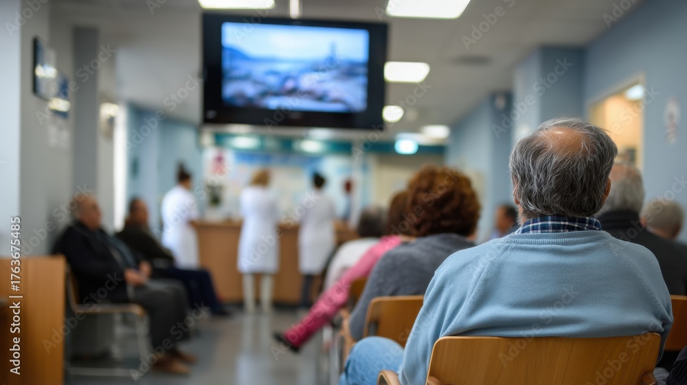 Fototapeta premium Elderly patient seated in crowded medical waiting room watching television while nurses attend reception desk, calm atmosphere and soft hospital lighting