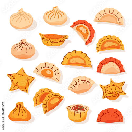 A diverse collection of colorful Asian dumplings, including wontons, gyoza, and bao, illustrated in a flat cartoon style.