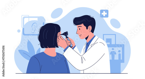 Medical Examination Illustration Depicting Physician Examining Patient's Ear with Otoscope