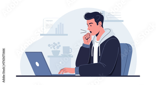 Man Working With Laptop Coughing, Illustration Of Sickness, Work From Home, And Health