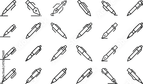 Education and School Icon Set – Learning Tools, Stationery, Classroom Equipment, Online Study, Teacher and Student Supplies, University and College Outline Symbols for Education, Learning, and Academi