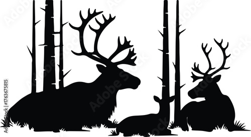 Vector reindeer family in forest black and white silhouette illustration