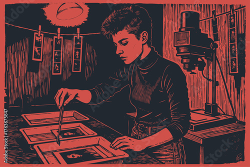 A photographer develops prints in a darkroom using chemical trays under a red safelight. Vintage vector illustration in a classic woodcut or linocut style.