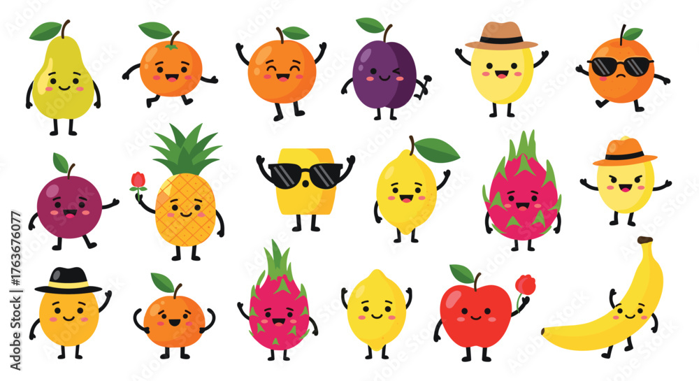 Fototapeta premium Cheerful Fruit Characters Collection: Playful and Vibrant Food Illustrations.