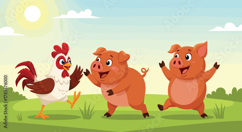 Cheerful rooster and pigs enjoying sunny day on the farm.