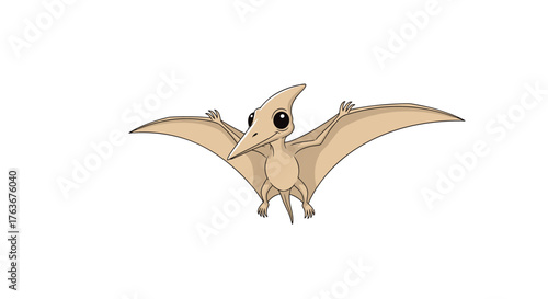 Cute cartoon Pterodactyl flying with open wings in the sky.