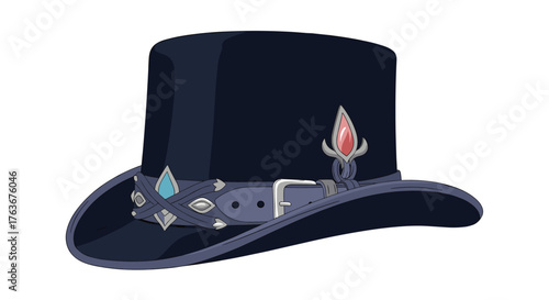 Elegant Black Top Hat with Embellishments and Buckle.