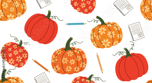 Autumnal Pumpkin Pattern with Pencils and Paper.