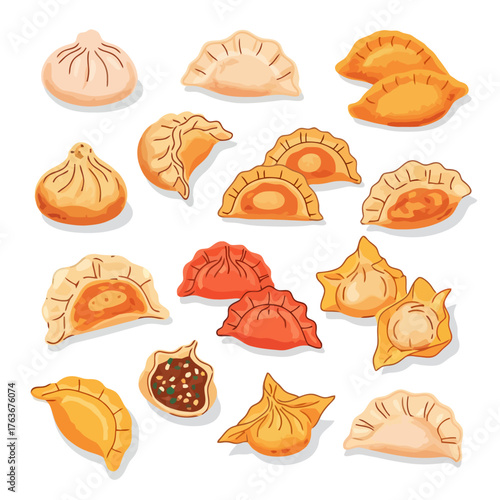 A detailed illustration showcasing a variety of colorful and appetizing dumplings, ready to eat.