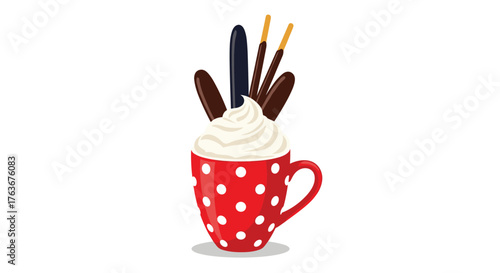 Delicious dessert in a red polka dot mug with cream and sticks.