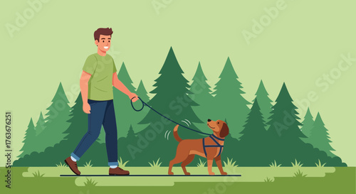 A Person Walks Dog on a Leash Amidst Green Trees in a Nature Setting Illustration