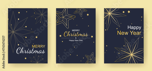 Set of frames with gold decor for festive mood. Cards with golden stars, glitter, snowflakes on blue background. Merry Christmas and Happy New Year. Vector graphics
