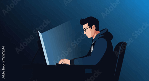 A Person Working Late At Night Focusing On The Computer And Concentrating In The Dark