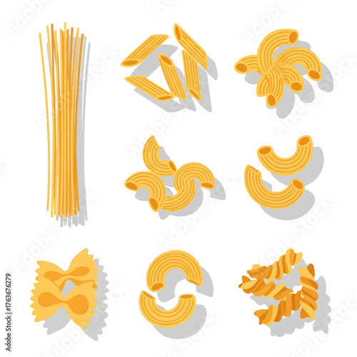 A collection of various uncooked pasta shapes, including spaghetti, penne, macaroni, farfalle, and fusilli, arranged on a white background.