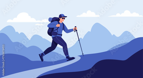 Adventurer Traversing Mountain Terrain Representing Concepts Of Travel Adventure And Perseverance