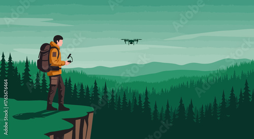 Adventurer Using Drone Over Forest Mountains Capturing Landscapes With Unmanned Aerial Vehicle