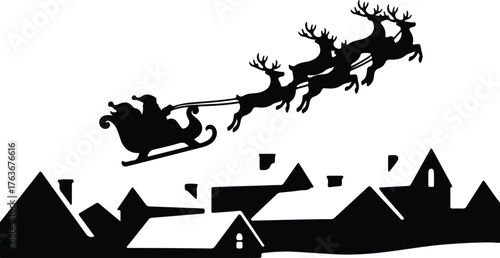 Vector Santa Claus flying over snowy rooftops silhouette illustration