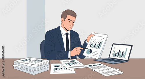 Analyst Conducting Financial Analysis Examining Business Metrics Using Reports and Technology