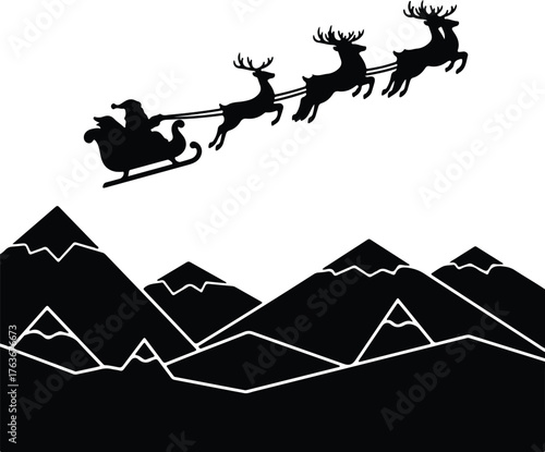 Vector Santa Claus flying sleigh with reindeer over mountains silhouette illustration