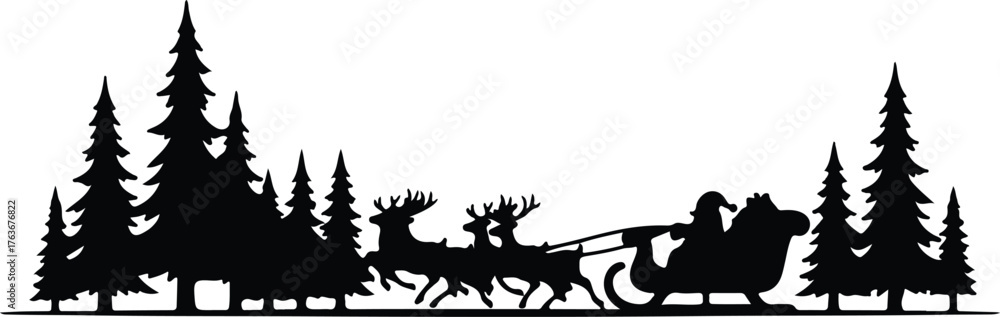 Obraz premium Vector Santa Claus reindeer sleigh with Christmas trees silhouette illustration