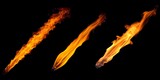  Three streaks of bright orange fire flames isolated on black background, realistic fiery motion with smooth shape and glowing texture for design, heat, energy, or explosion concept 