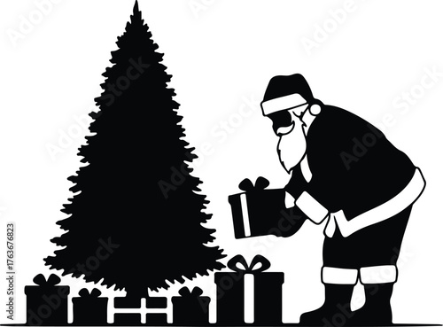 Vector Santa Claus placing gifts under the Christmas tree silhouette illustration