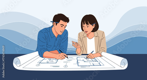 Architects Collaborating On A Project With A Blueprint And Conceptualizing Designs Together