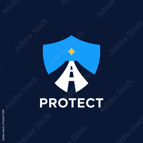 protect emblem, shield with road, guiding star, night theme, driver safety promise, secure mobility, transport protection, vector