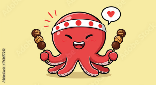 Cute cartoon red octopus wearing a headband, happily holding two skewers of dango or takoyaki, with a heart speech bubble.