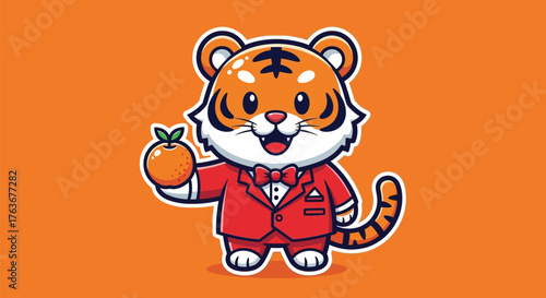 Cartoon tiger wearing a red suit and bow tie, holding an orange fruit, smiling happily.