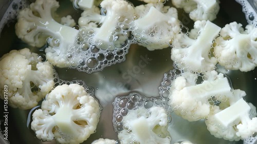 Overhead Macro Close Up Cauliflower Florets Boiling In Stainless Pot Daylight Kitchen
