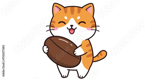 Adorable Orange Tabby Cat Holding Giant Coffee Bean - Cute Kawaii Kitten Barista Mascot Character
