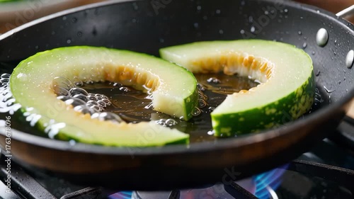 Macro Close Up Winter Melon Slices Simmering In Pan On Gas Stove
