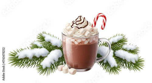 A festive mug of hot chocolate topped with whipped cream, chocolate drizzle, and a candy cane, surrounded by snowy pine branches, isolated on transparent background