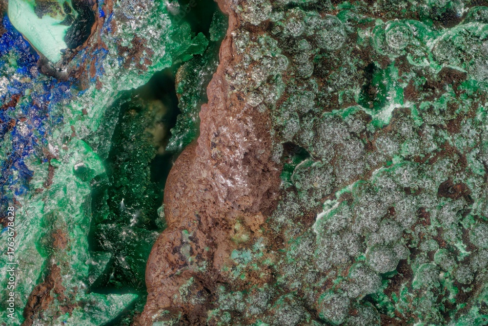 Obraz premium Macro azurite, malachite and limonite from Kamenushinskoe deposit, Russia. Ideal for collections, geology and scientific research. High magnification microphotograph- scale 4X